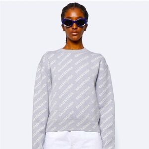 Balenciaga Allover Logo Crop Sweater GREY/WHITE, Size Medium